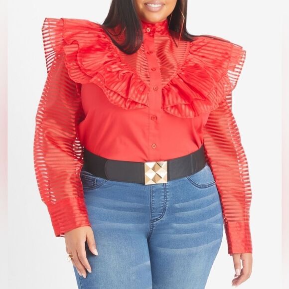 NEW 22 ORGANZA SHEER SLEEVE RED RUFFLE BLOUSE TOP ASHLEY STEWART 1X 2X NWT - Picture 1 of 14